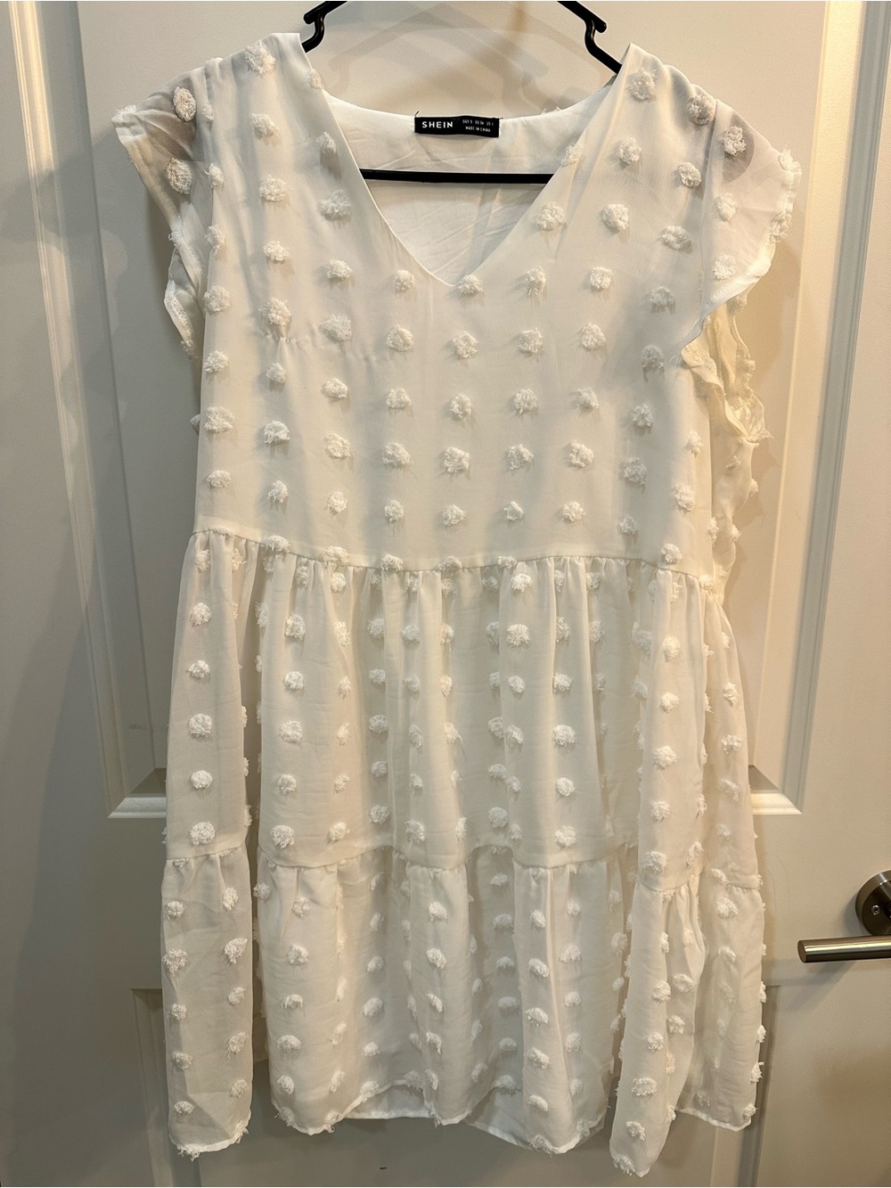 SHEIN White Pom-Pom Tiered Ruffle Kids Dress
